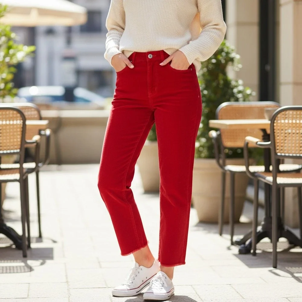BDG Urban Outfitters Cowboy Jean Red Corduroy High Rise Raw Hem Pants Size 28